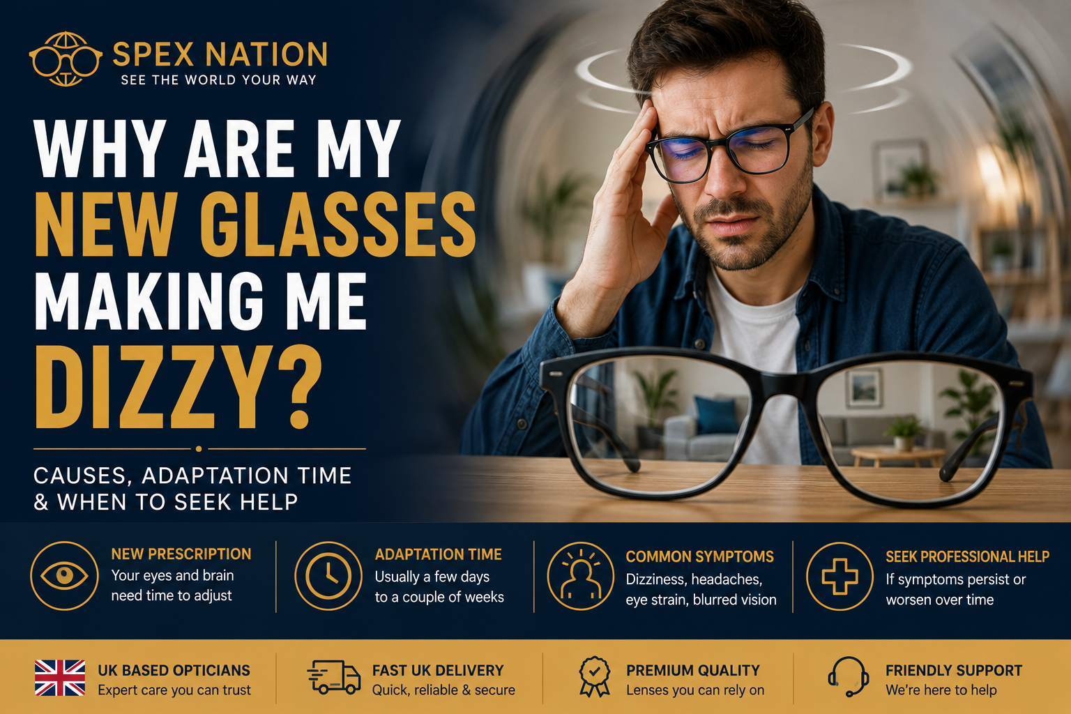 Person wearing new glasses feeling dizzy while adjusting to a new prescription