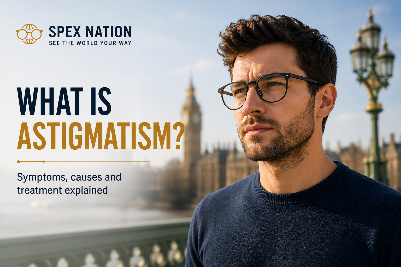 Person wearing glasses with blurred vision caused by astigmatism