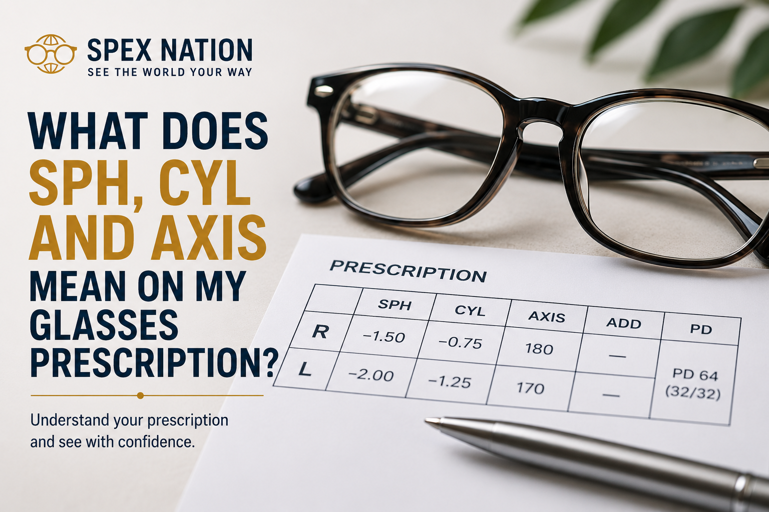 Close-up of a glasses prescription showing SPH CYL and AXIS values beside prescription glasses