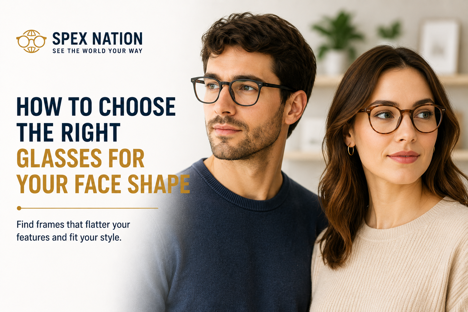 Man and woman wearing different glasses styles suited to different face shapes