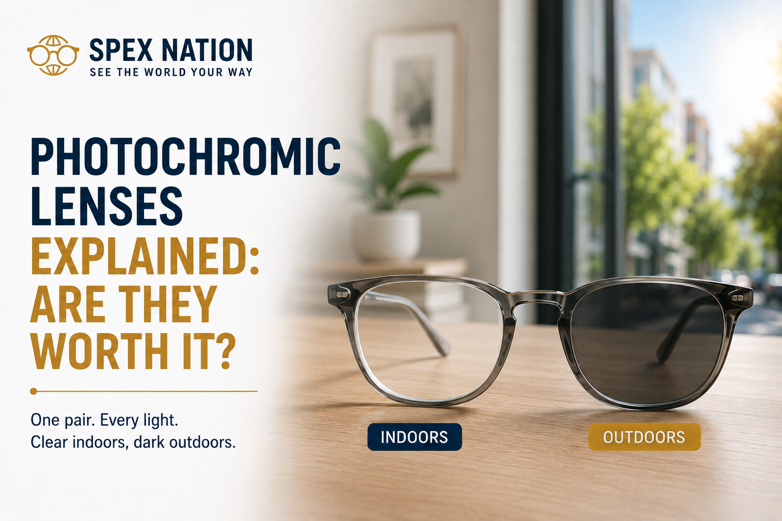 Person wearing photochromic glasses changing from clear indoors to dark outdoors