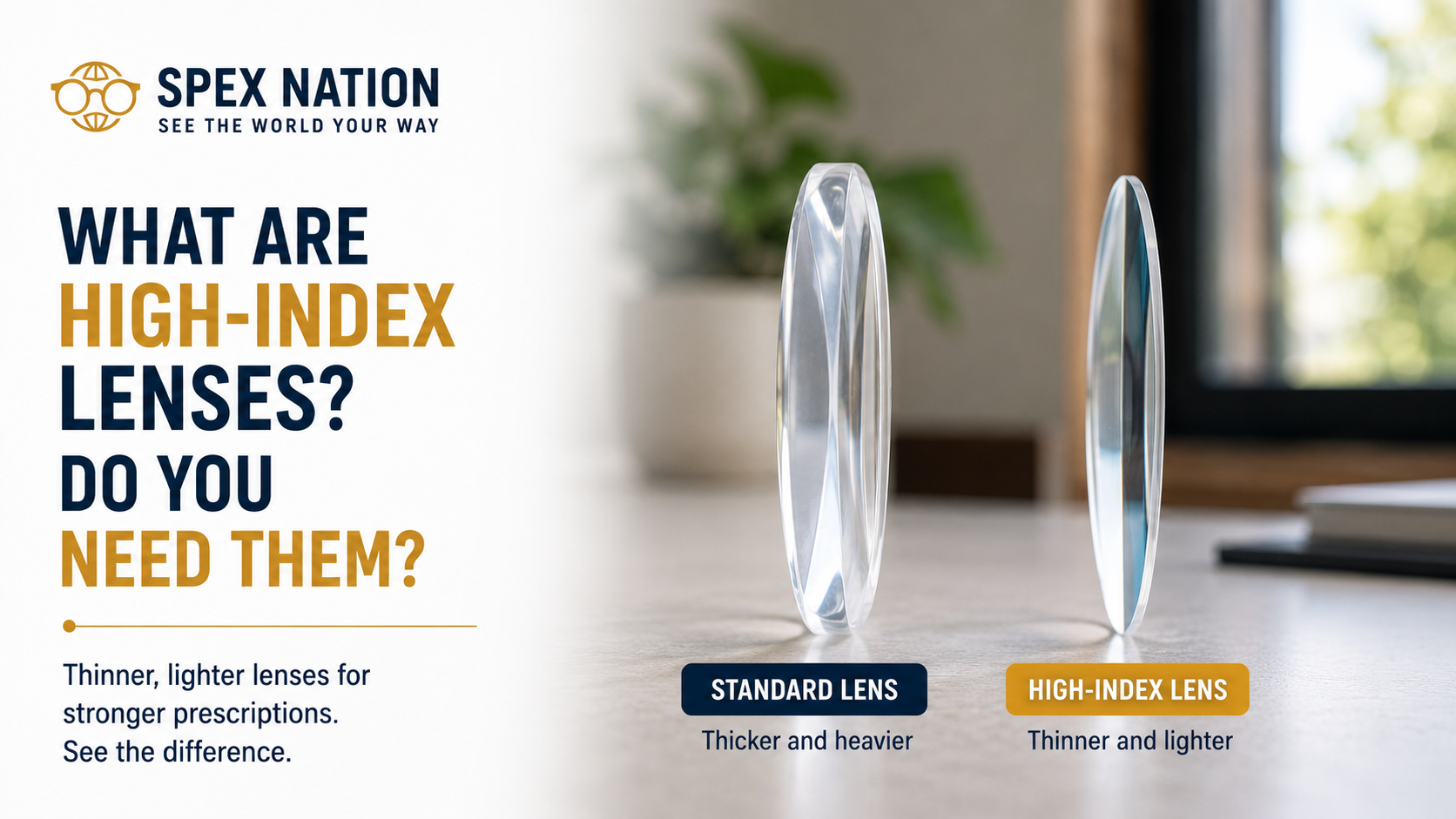 Thin high-index prescription lenses beside standard thickness lenses for comparison