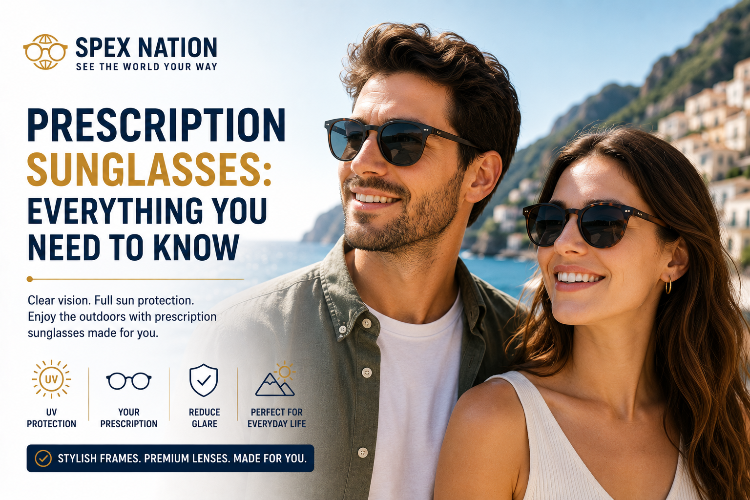 Man and woman wearing stylish prescription sunglasses outdoors on a sunny day