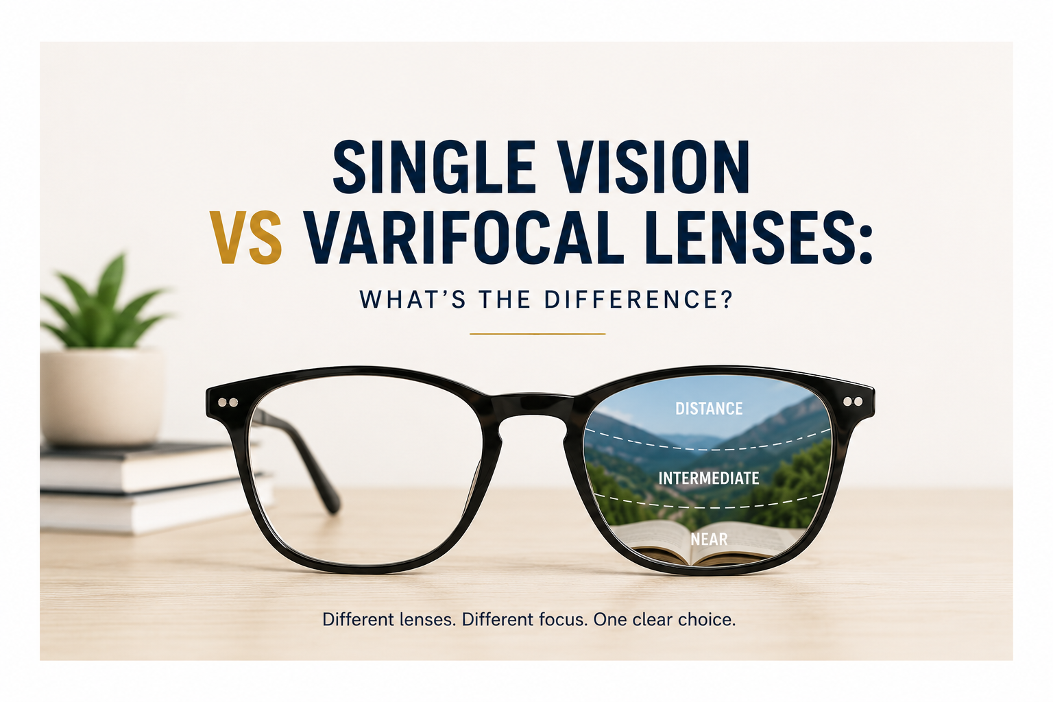 Person comparing single vision and varifocal lenses with glasses on a clean modern background