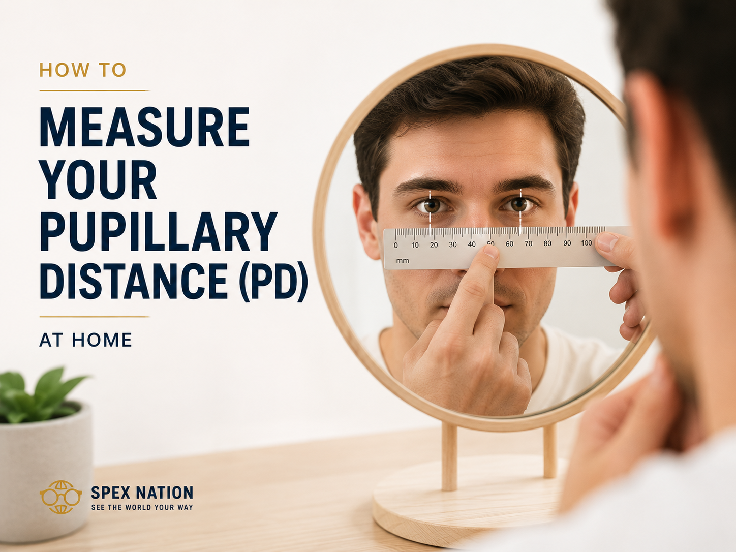 Person measuring pupillary distance using a ruler while looking in a mirror