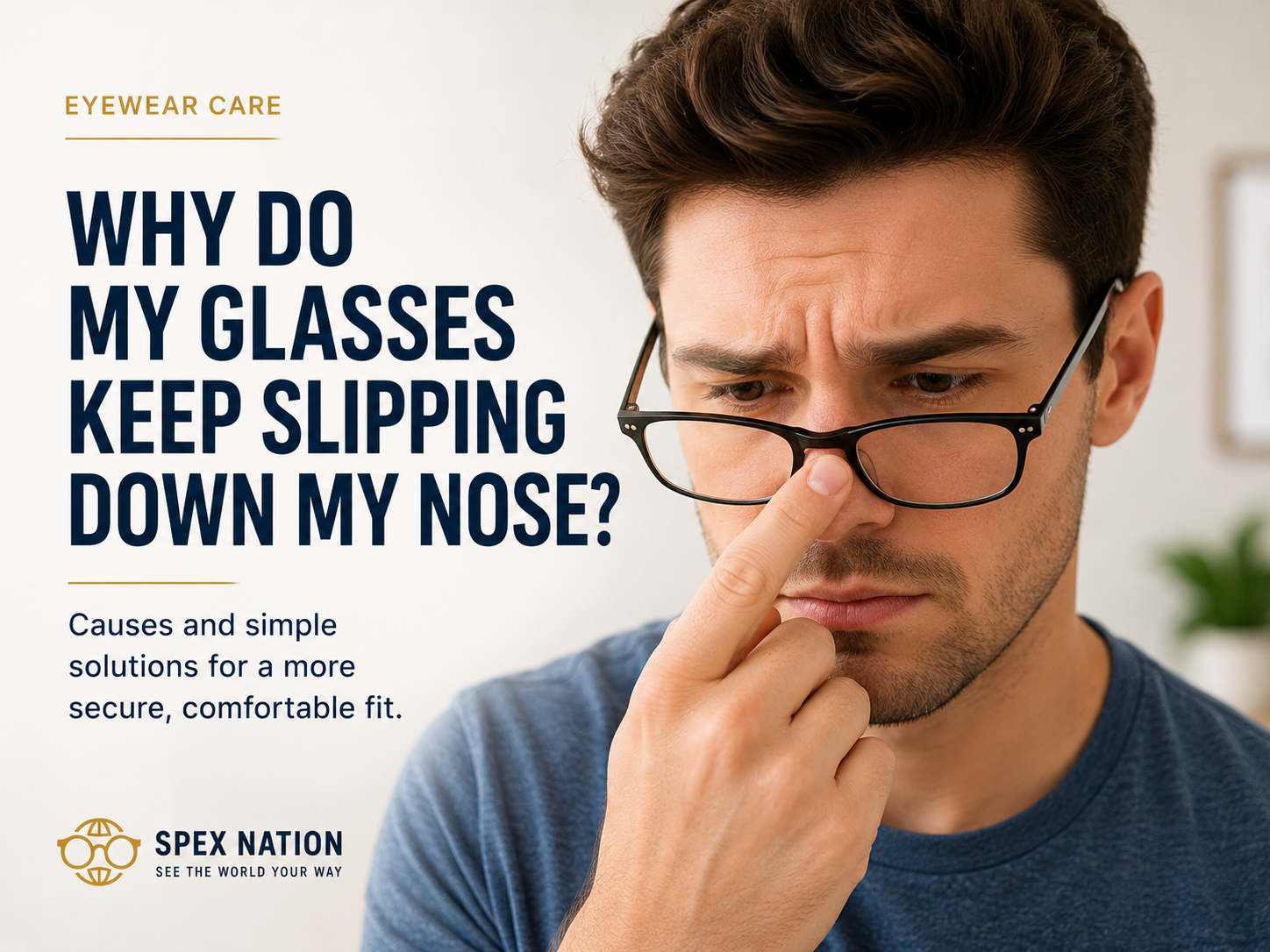 Person adjusting prescription glasses that have slipped down their nose