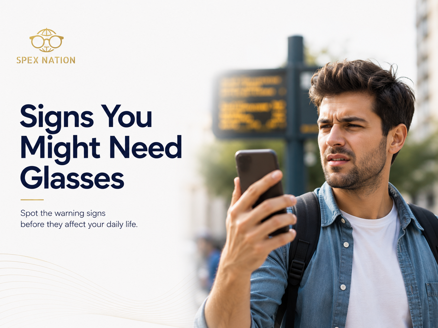 Young adult squinting while trying to read a street sign, illustrating common signs that glasses may be needed.