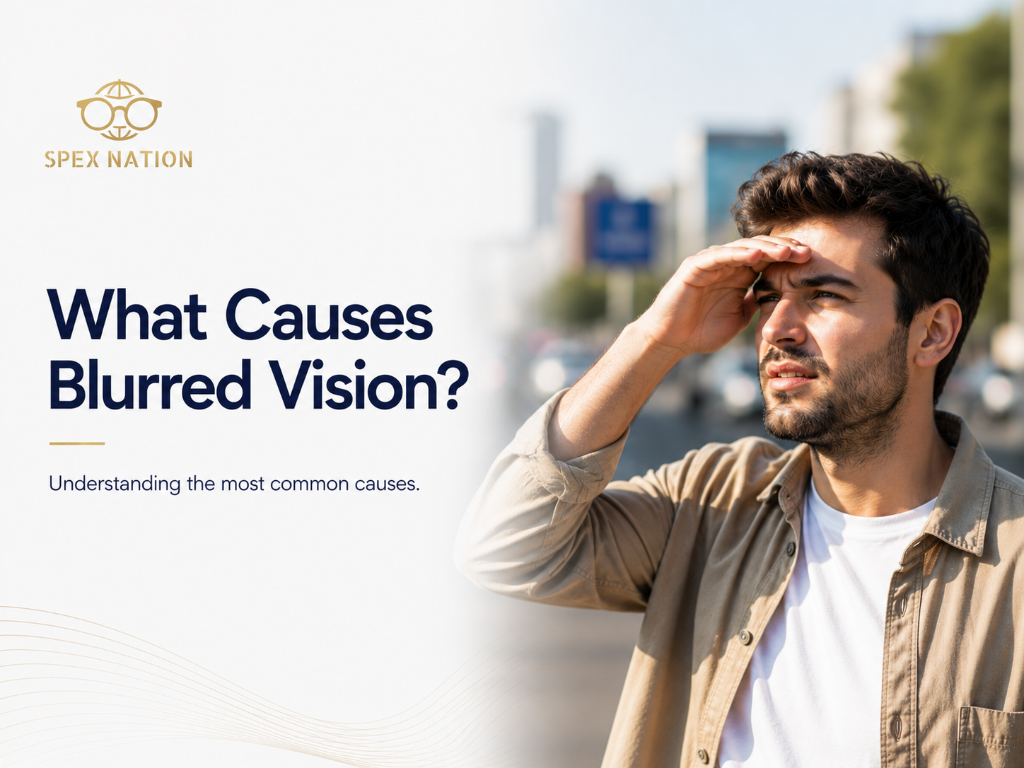 Young adult experiencing blurred vision while looking into the distance on a city street.