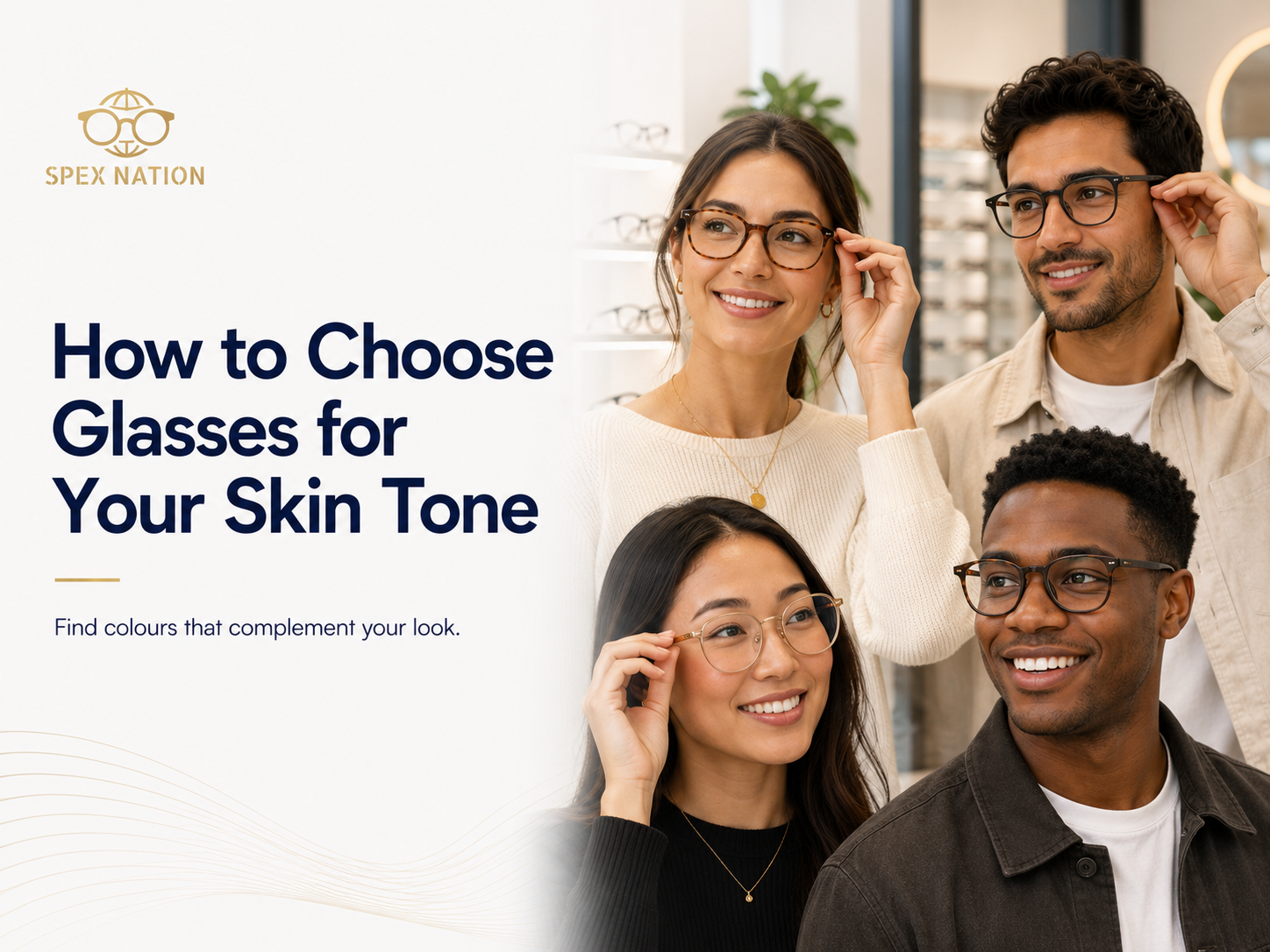Four adults with different skin tones trying on stylish prescription glasses.