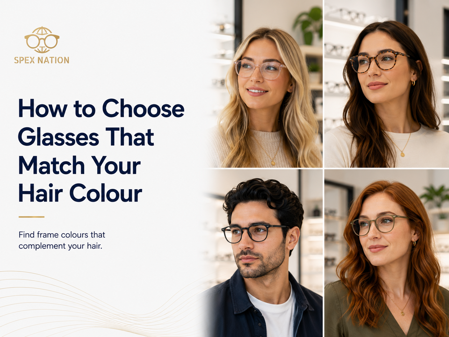 Four adults with different hair colours wearing stylish prescription glasses in a bright optical boutique.