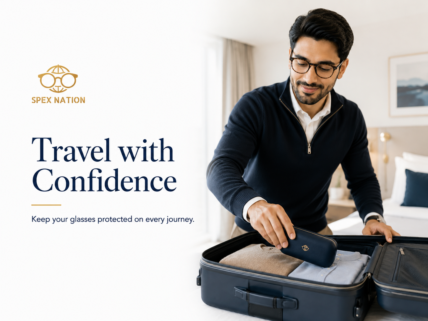 Traveller packing a prescription glasses case into a carry-on suitcase.