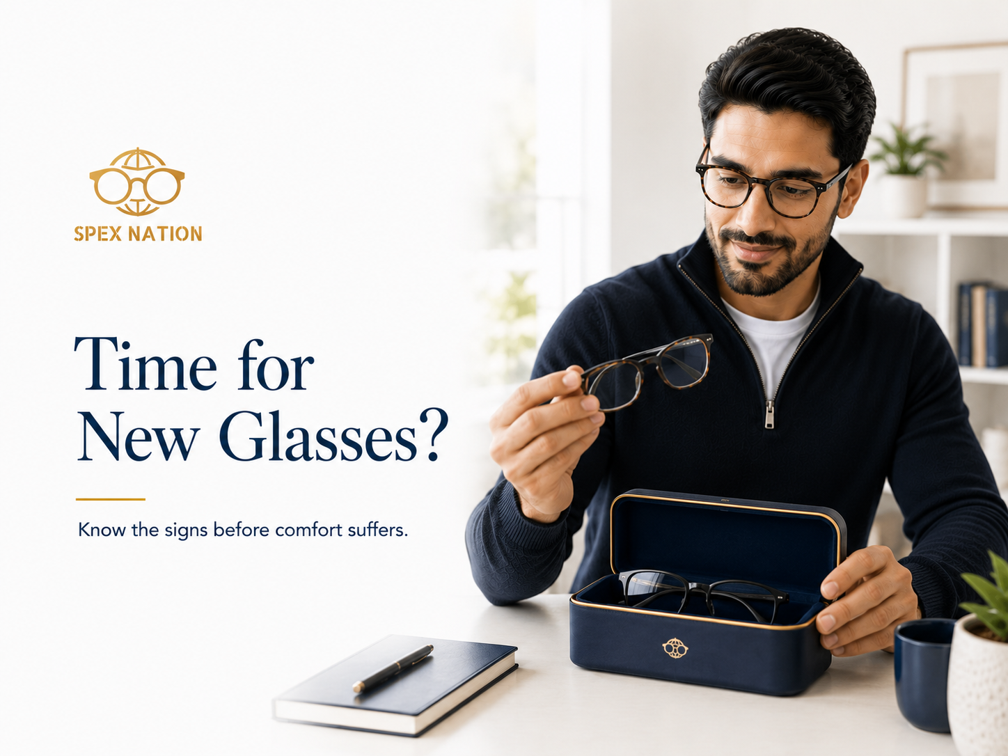 Person comparing an older pair of prescription glasses with a new pair in a glasses case.
