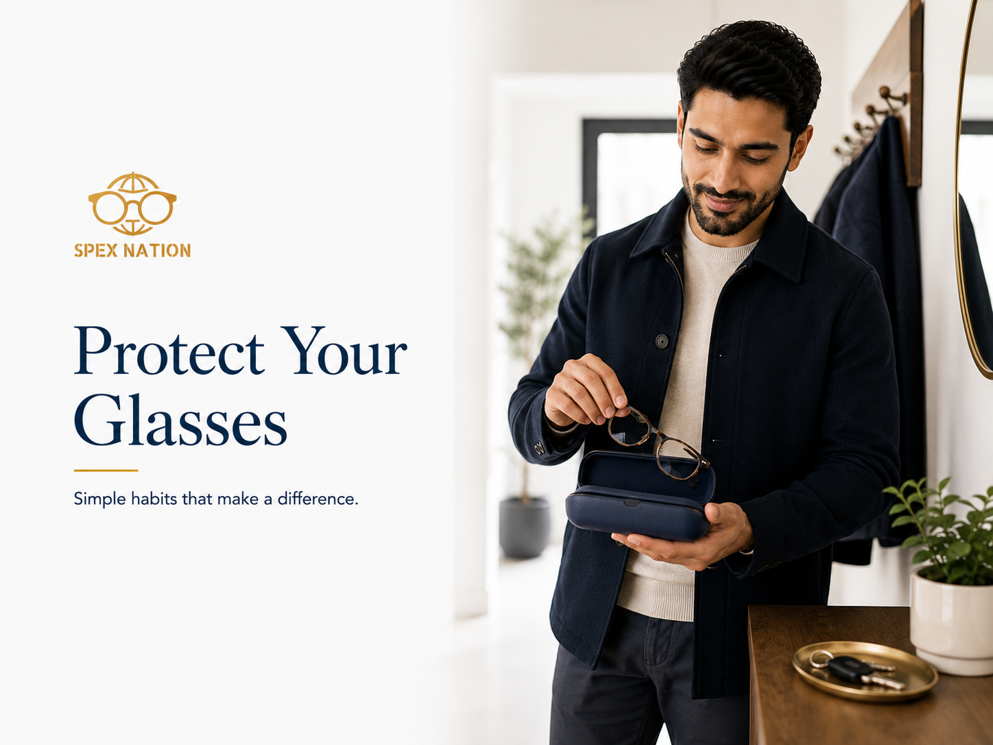 Person placing prescription glasses into a protective hard case before leaving home.