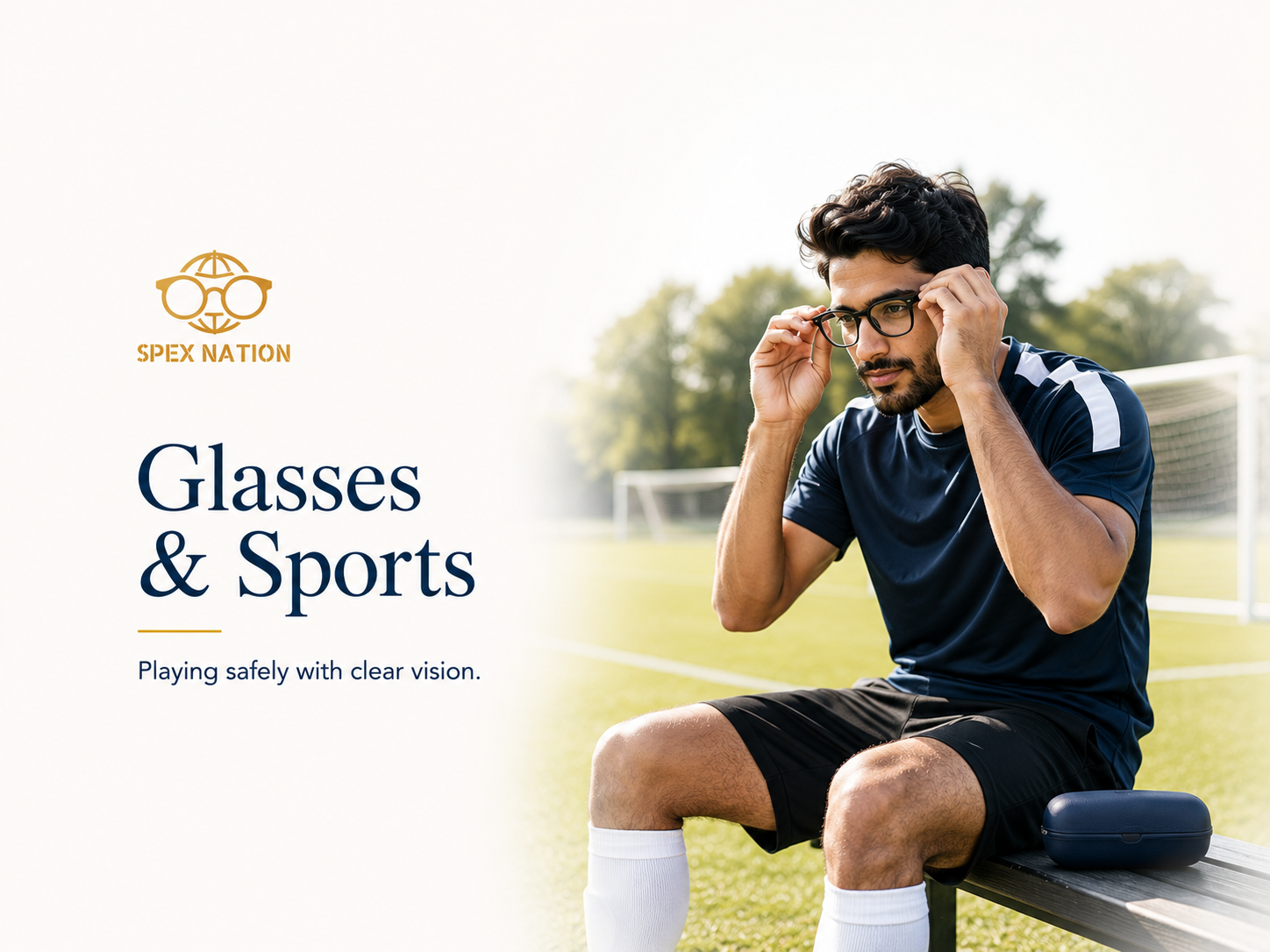 Person adjusting prescription glasses before playing football while wearing casual sports clothing.