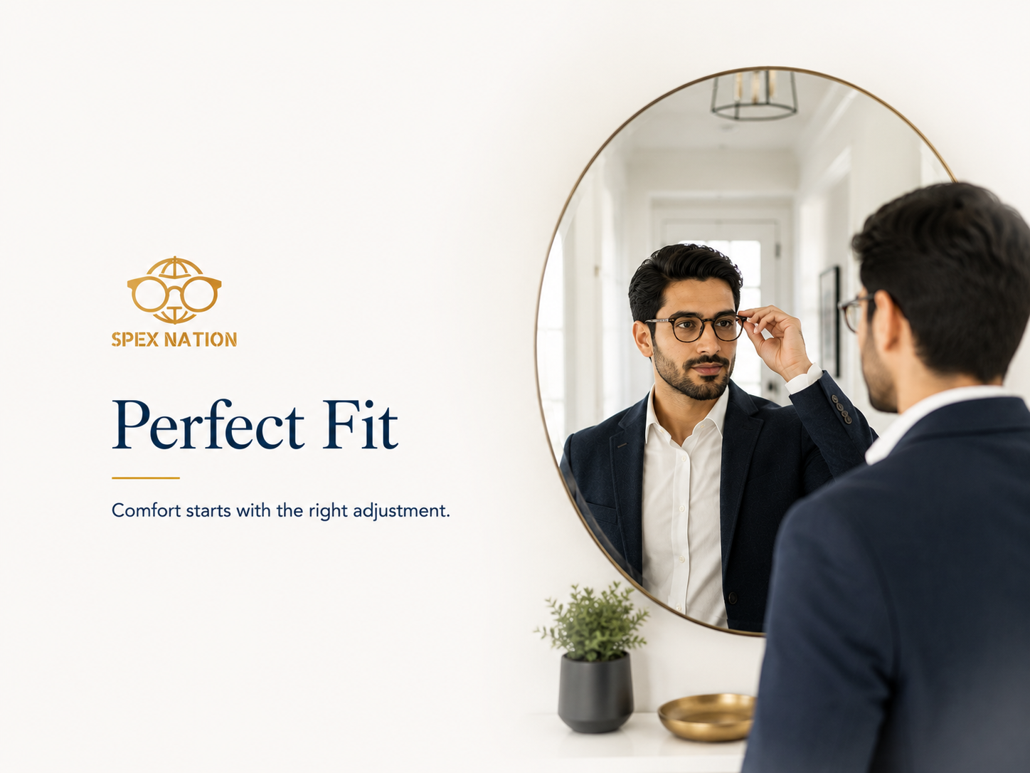 Person adjusting well-fitting prescription glasses while looking in a mirror.