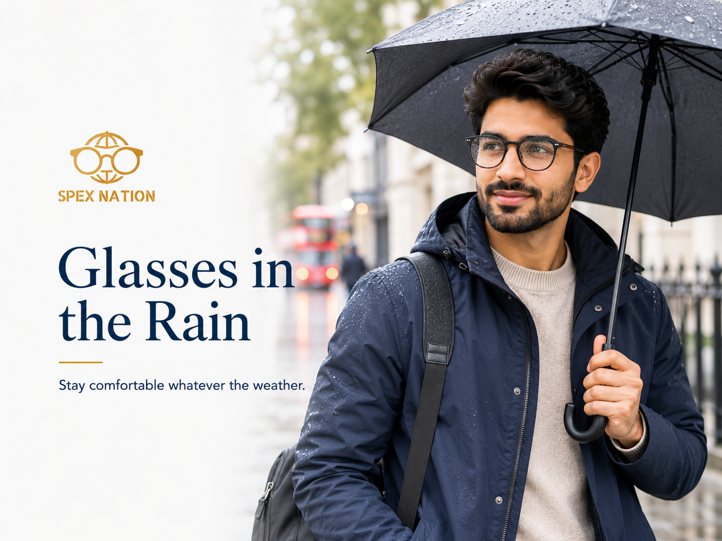 Person wearing prescription glasses while walking in light rain with an umbrella.
