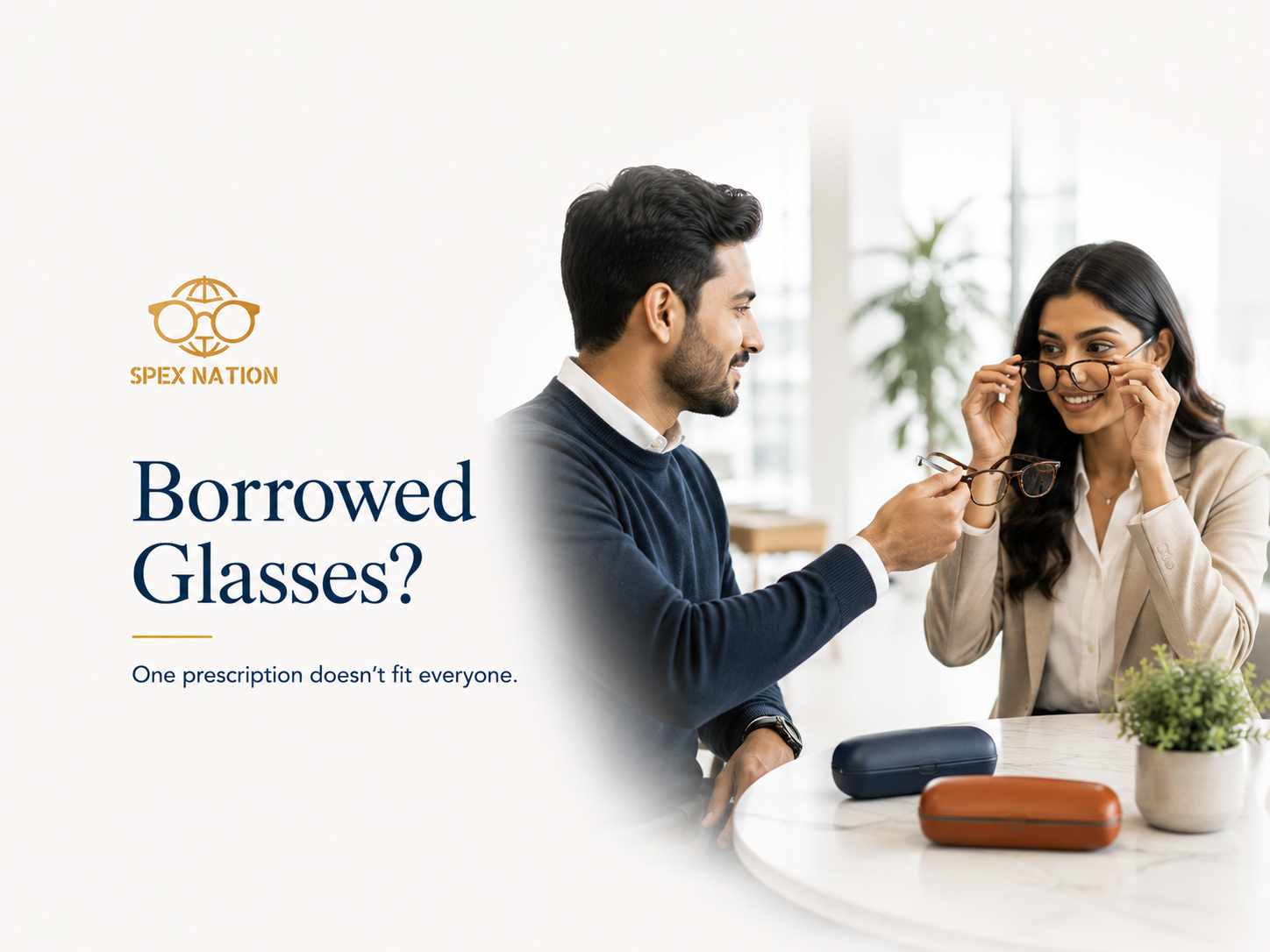 One person handing their prescription glasses to another person indoors.