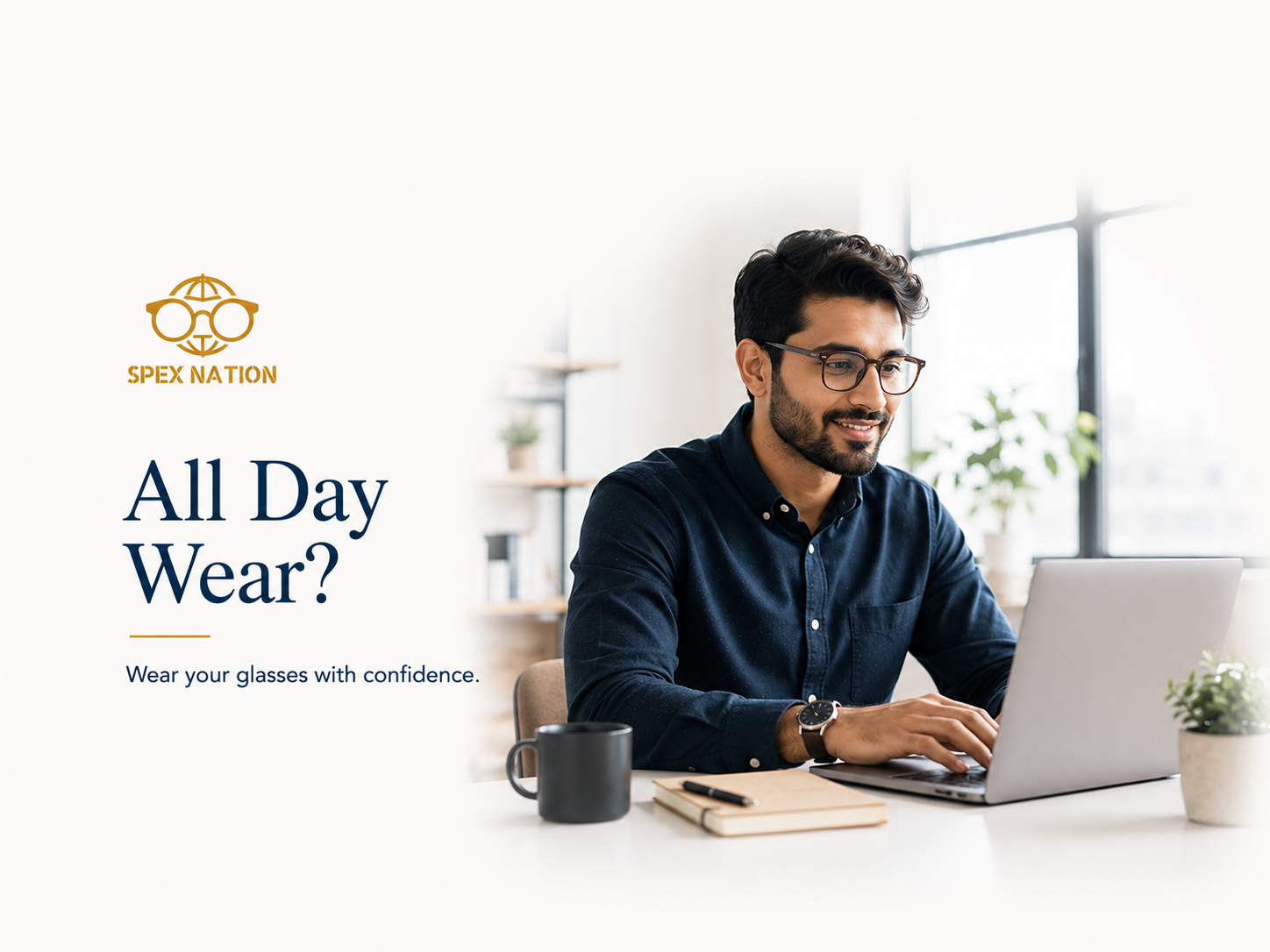 Professional comfortably wearing prescription glasses while working at a modern desk.