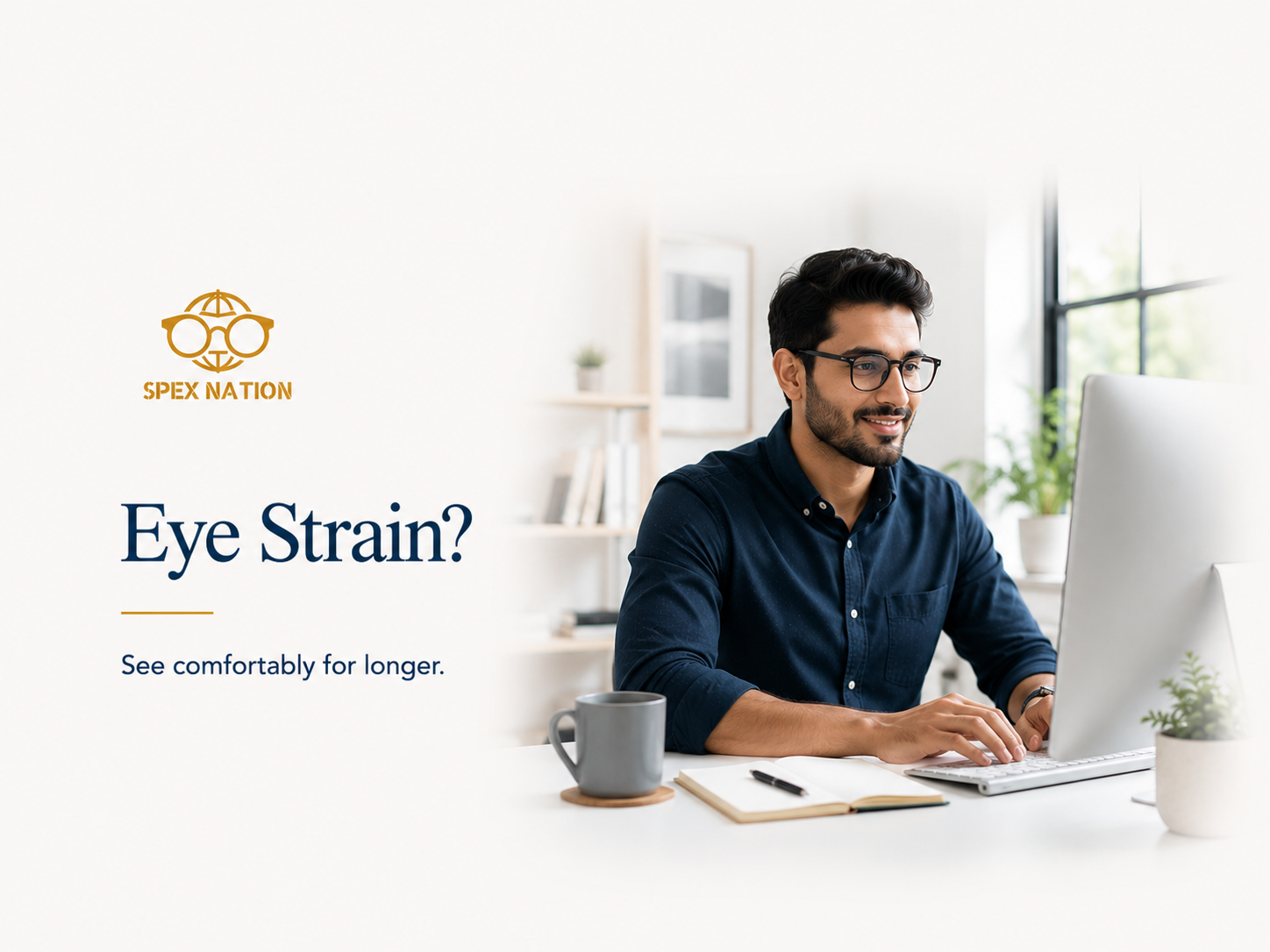 Professional wearing prescription glasses comfortably while working at a computer.