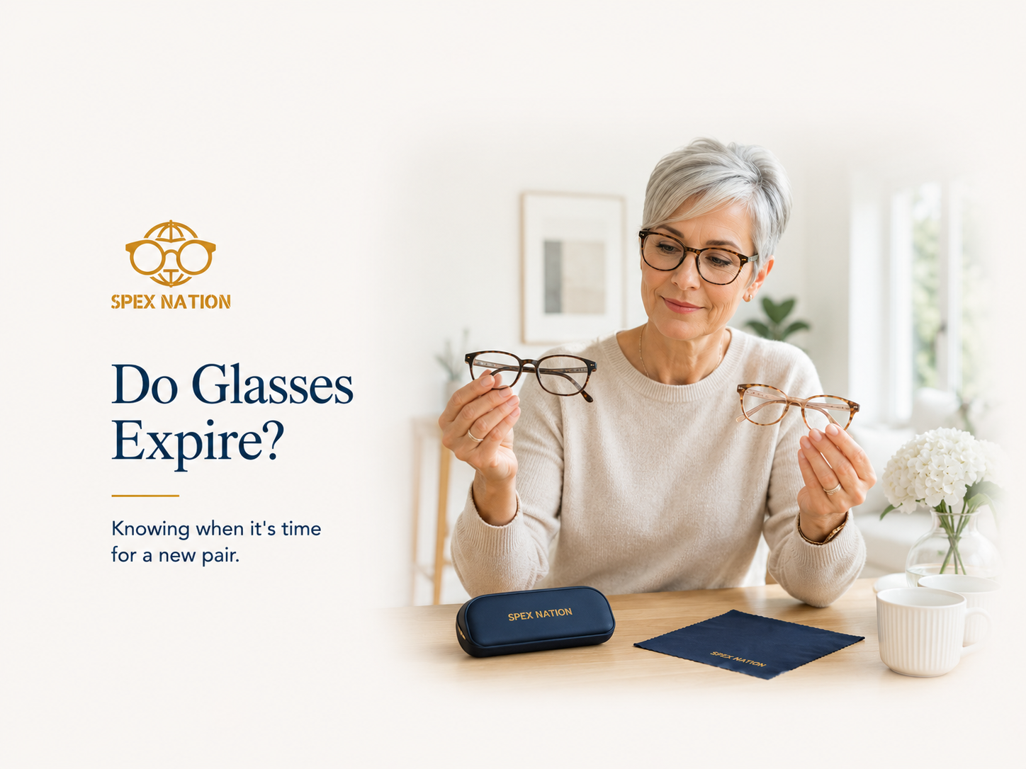 Woman comparing an older pair of prescription glasses with a newer pair.