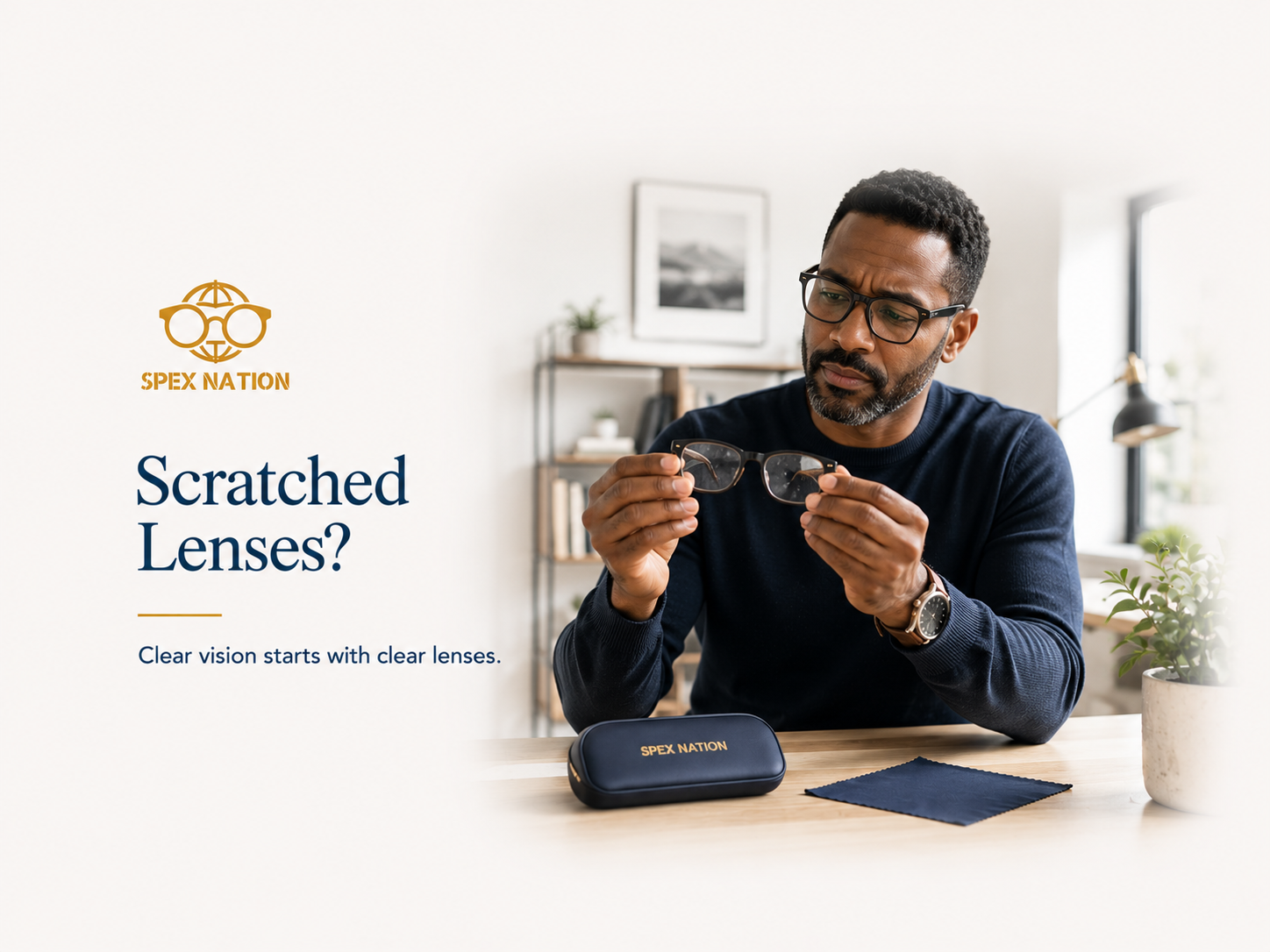 Man comparing scratched prescription glasses with his current pair at a modern desk.