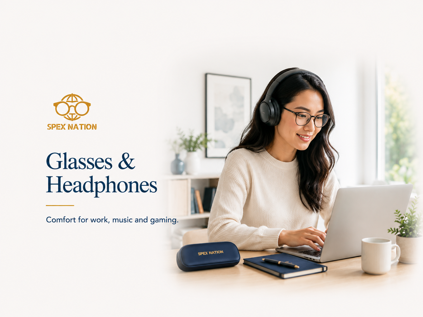 Woman comfortably wearing prescription glasses with over-ear headphones while working at a desk.