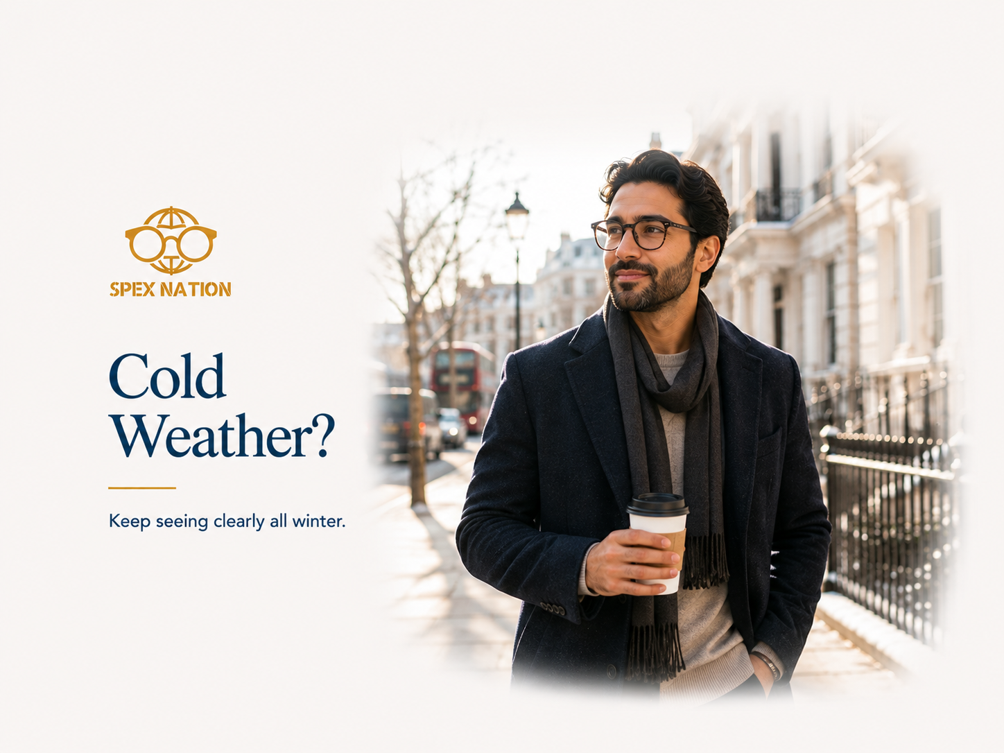 Man wearing prescription glasses while walking outdoors on a cold winter morning.