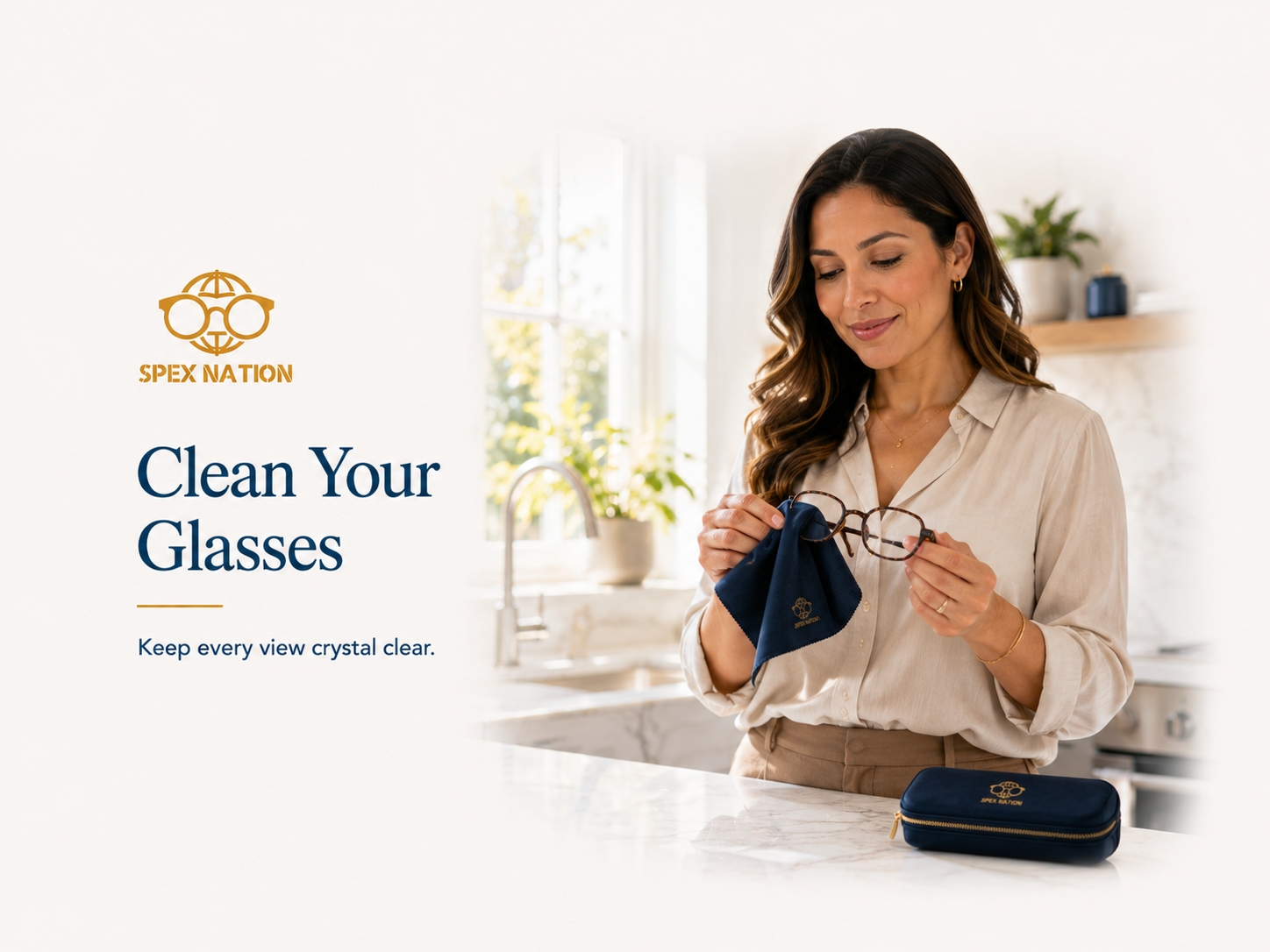 Woman cleaning her prescription glasses with a microfibre cloth in a bright modern kitchen.