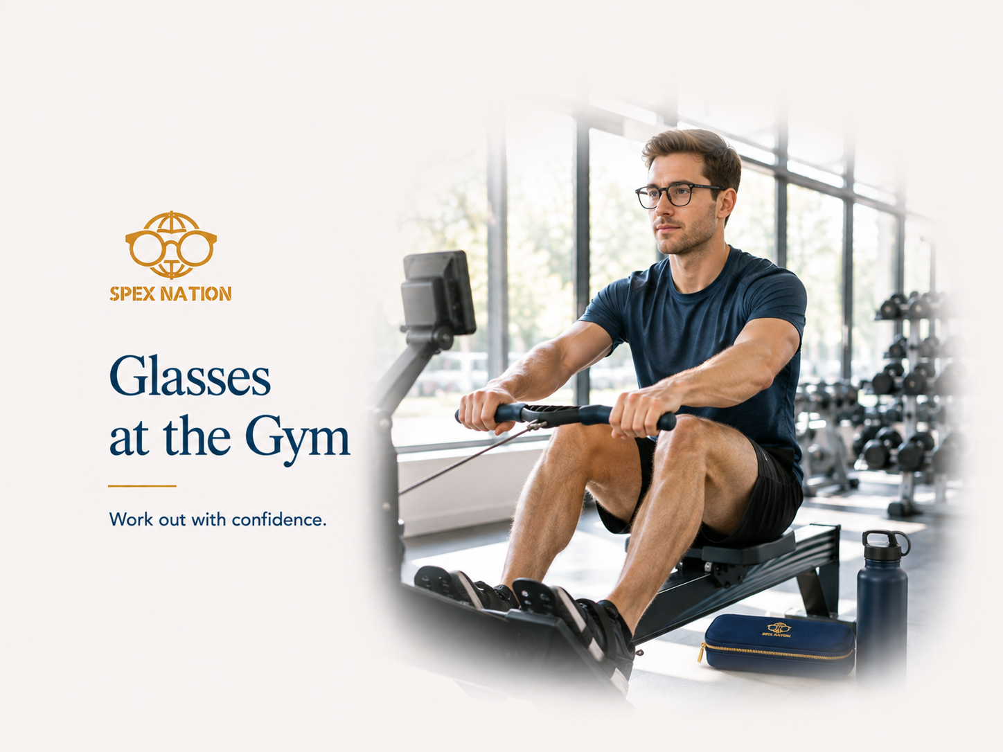 Man wearing prescription glasses while exercising on a rowing machine in a modern gym.