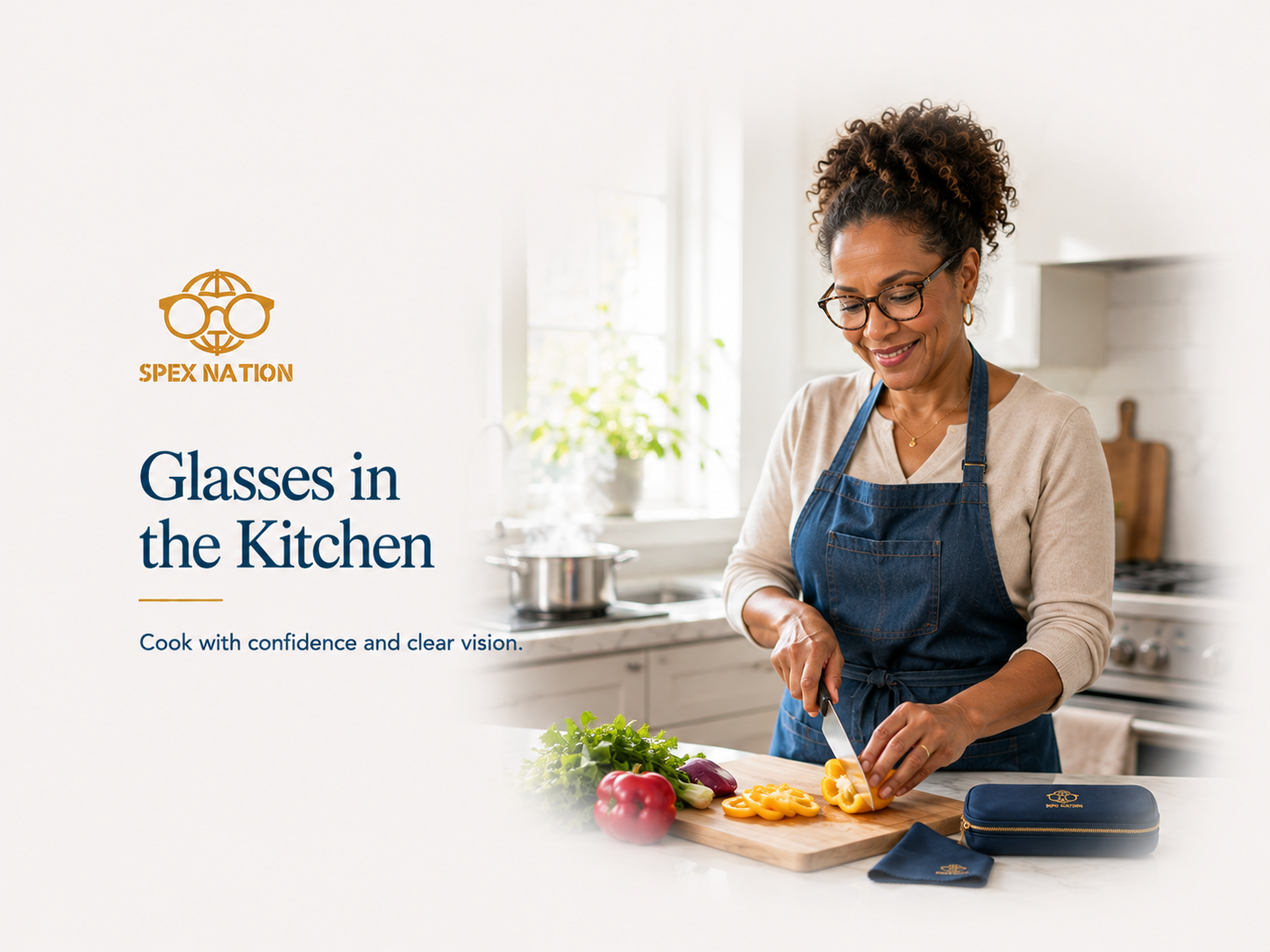 Woman wearing prescription glasses while cooking in a bright modern kitchen.
