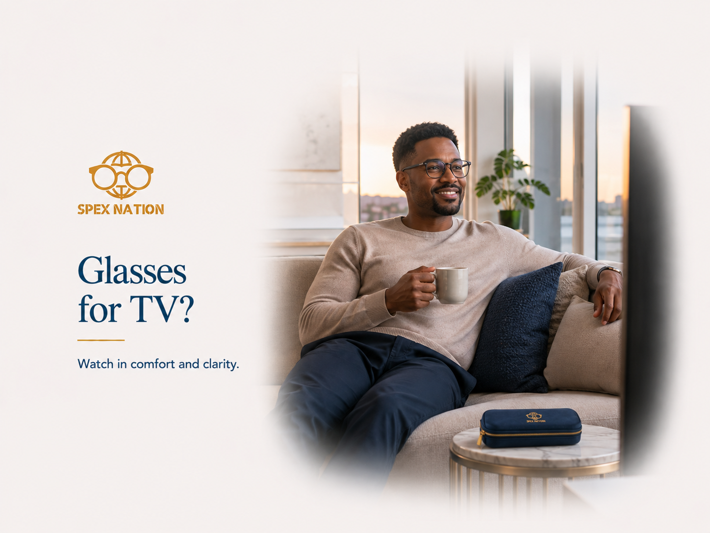 Man wearing prescription glasses while relaxing on a sofa and watching television.
