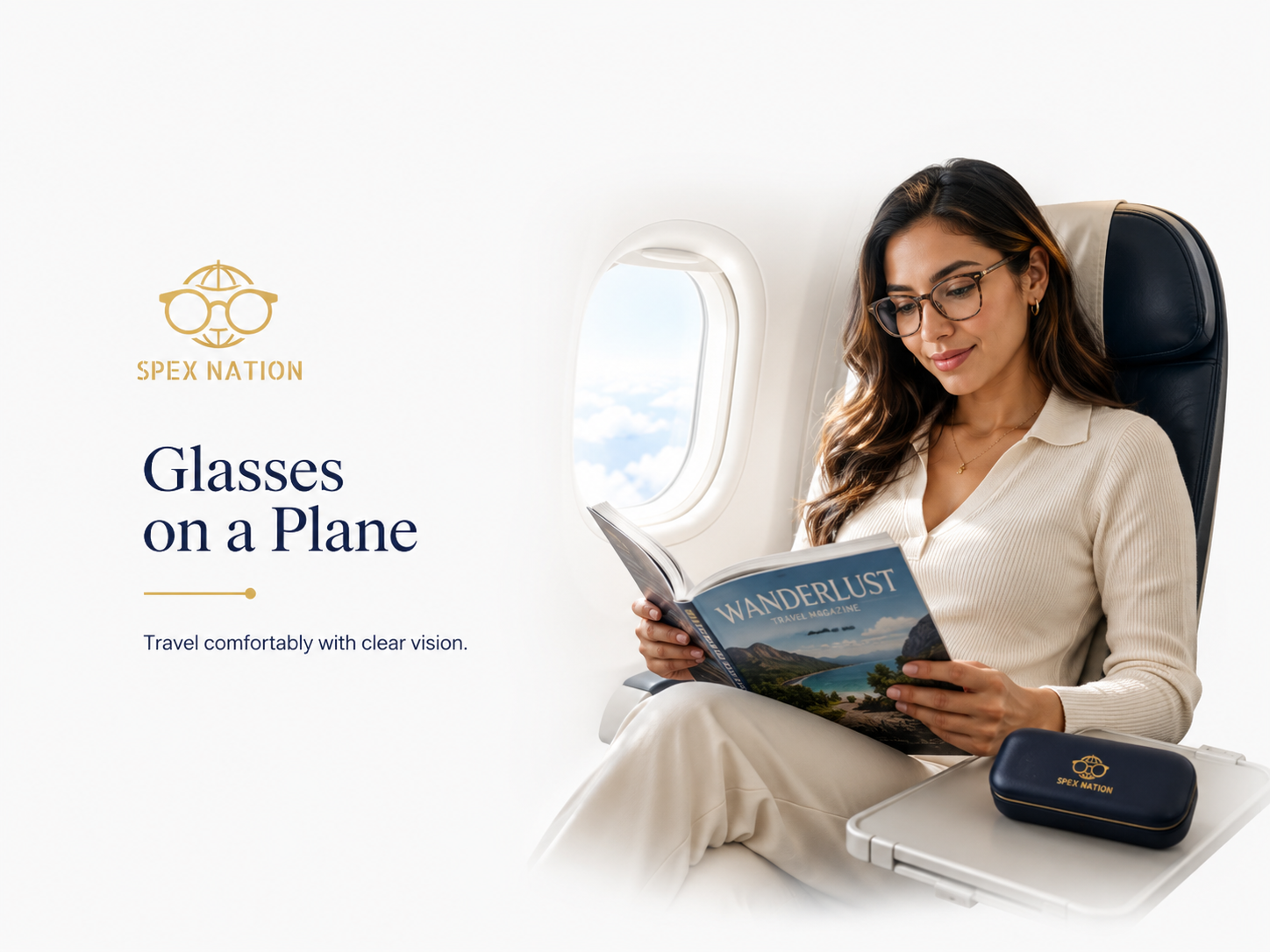 Woman wearing prescription glasses while relaxing by an aeroplane window during a flight.