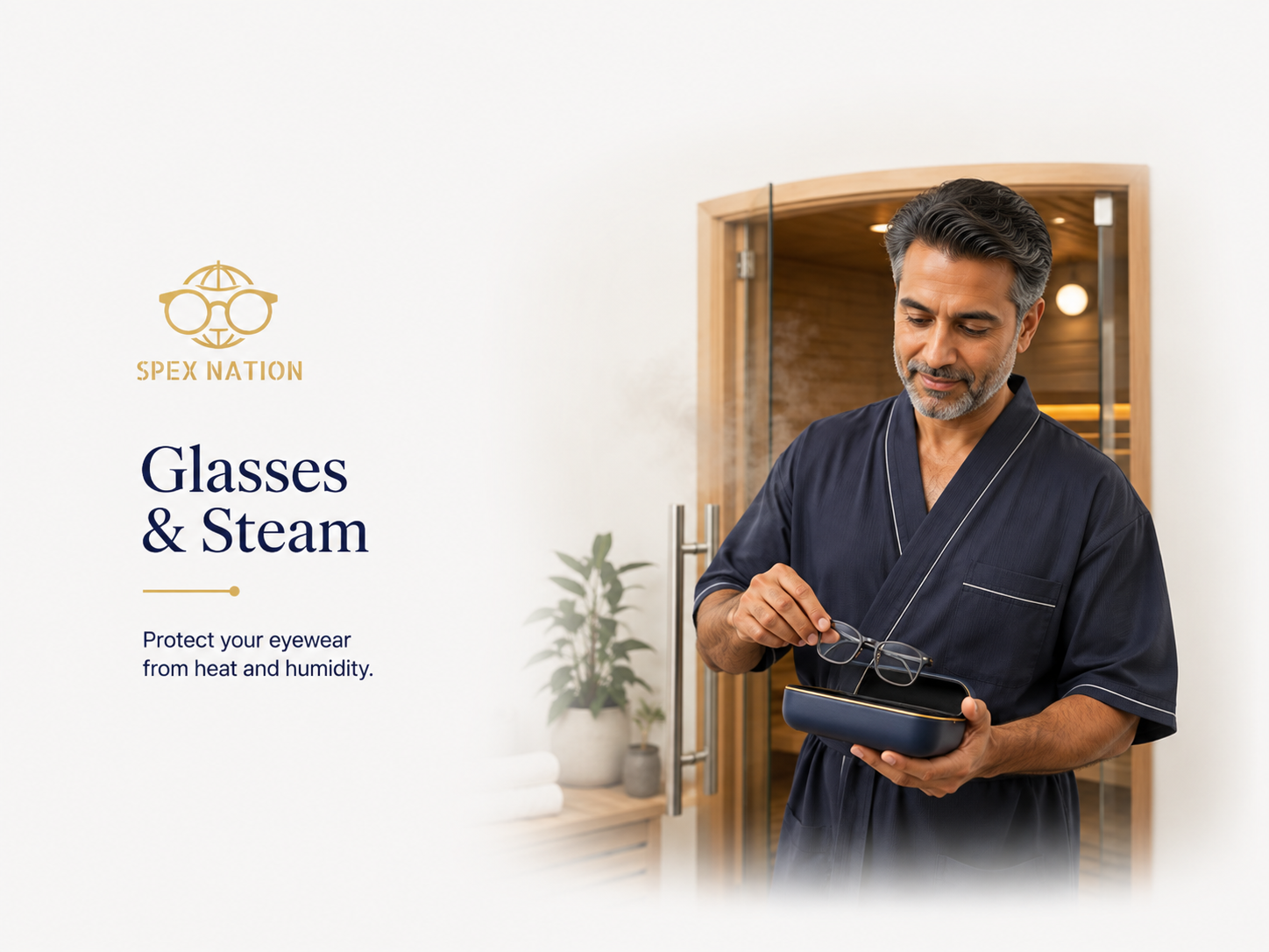 Man placing his prescription glasses safely into a protective case before entering a sauna.