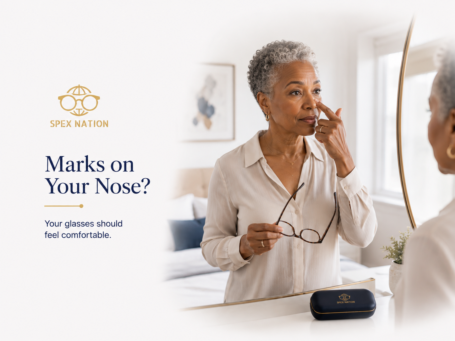 Woman checking a slight mark on the bridge of her nose after removing her prescription glasses.