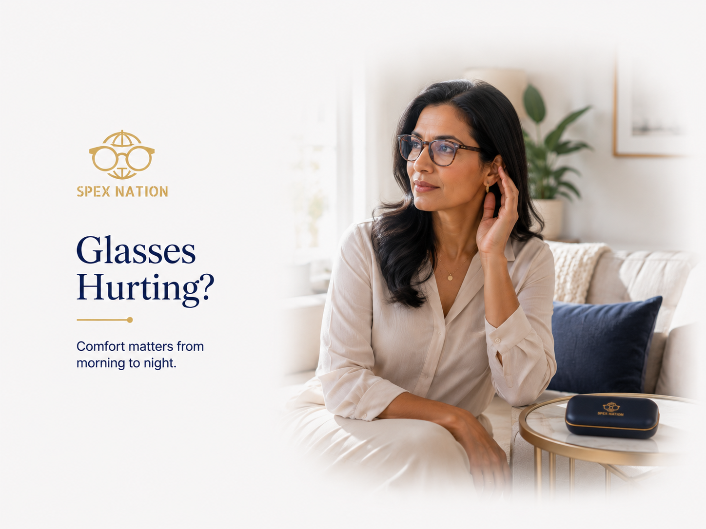 Woman touching behind her ear where the arm of her prescription glasses rests.
