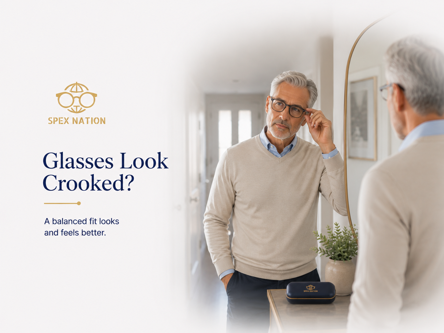 Man adjusting prescription glasses that are sitting slightly unevenly while looking in a mirror.