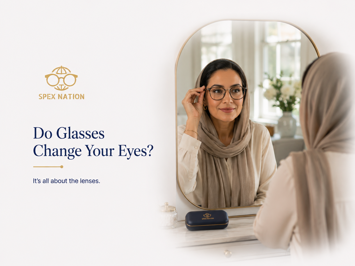 Woman looking in a mirror while wearing prescription glasses and noticing how the lenses affect the appearance of her eyes.