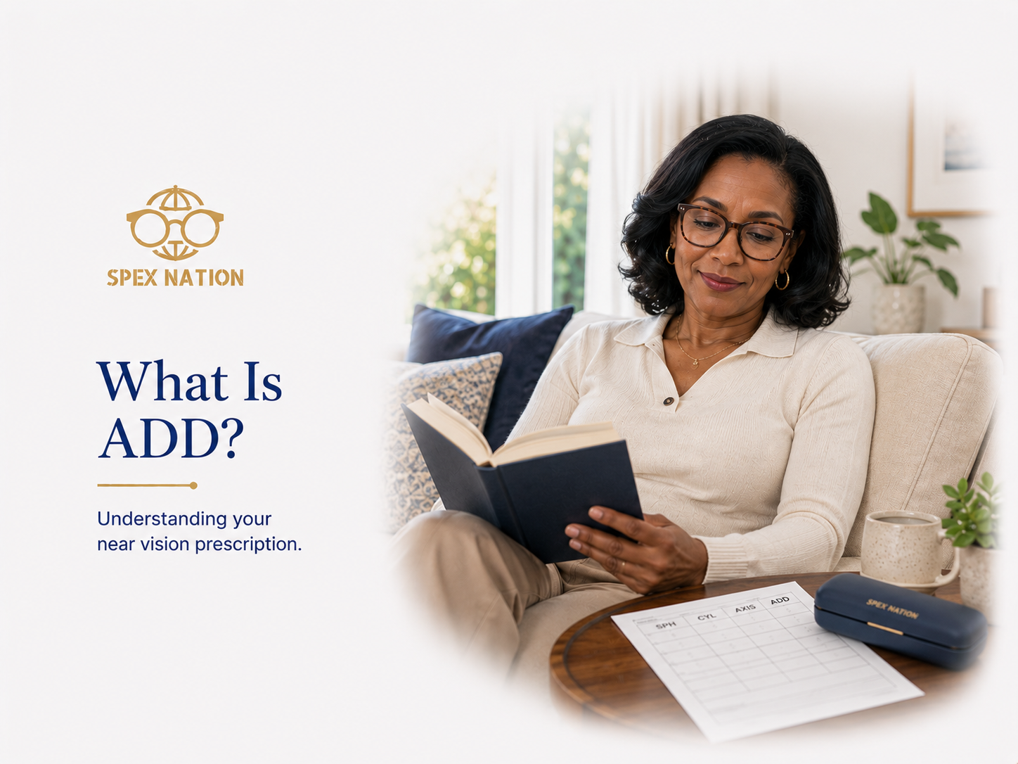 Woman reading comfortably while wearing prescription glasses, with a spectacle prescription showing an ADD section nearby.