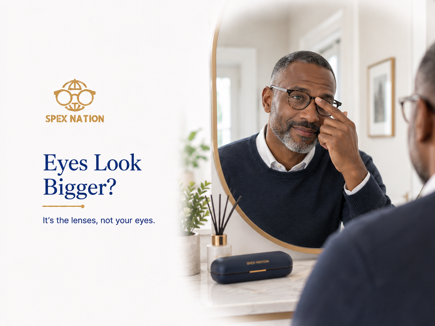 Man wearing plus prescription glasses that create a subtle magnifying effect on the appearance of his eyes.