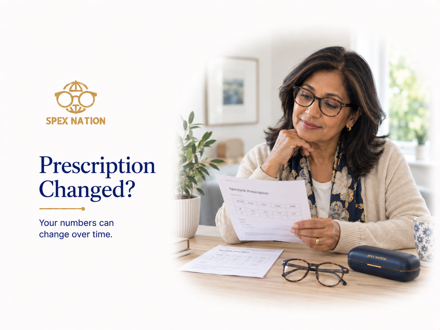 Woman comparing an older and newer spectacle prescription to see how her glasses prescription has changed.