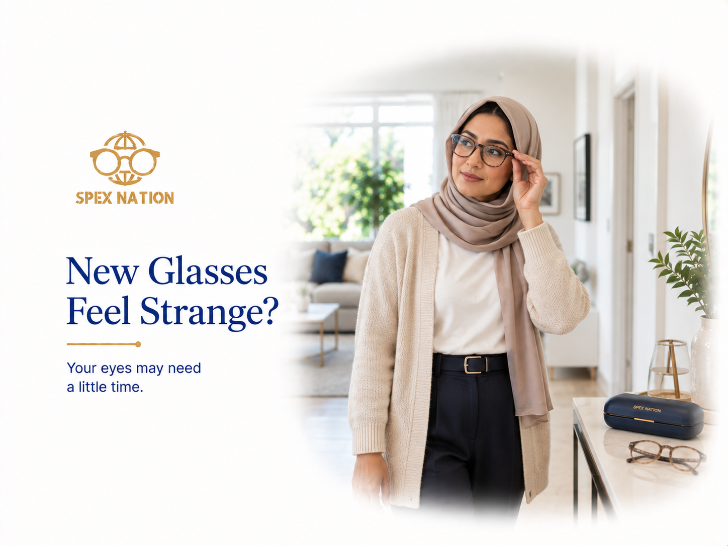 Woman getting accustomed to a new pair of prescription glasses at home.