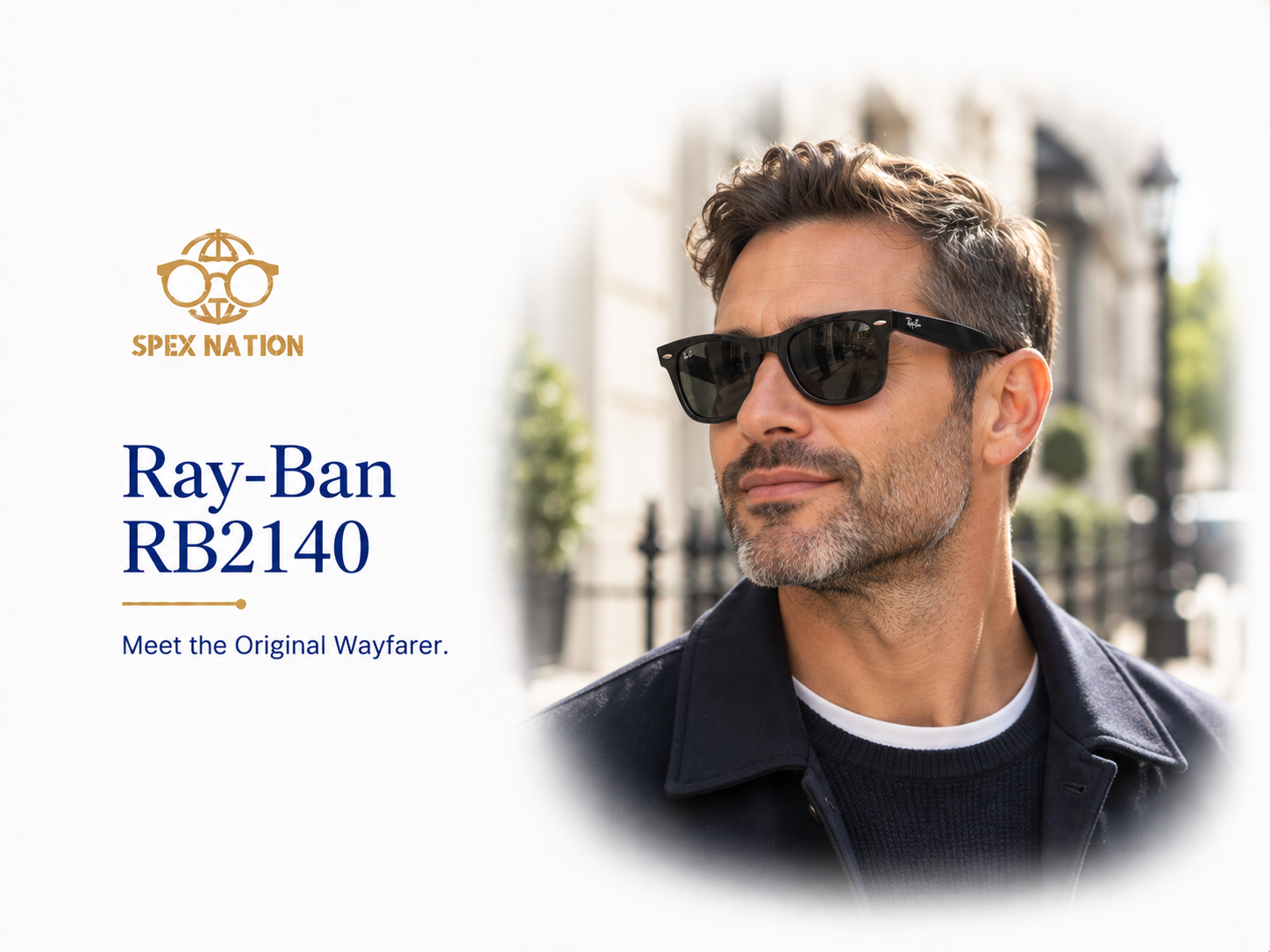 Man wearing the classic Ray-Ban RB2140 Original Wayfarer frame in polished black.