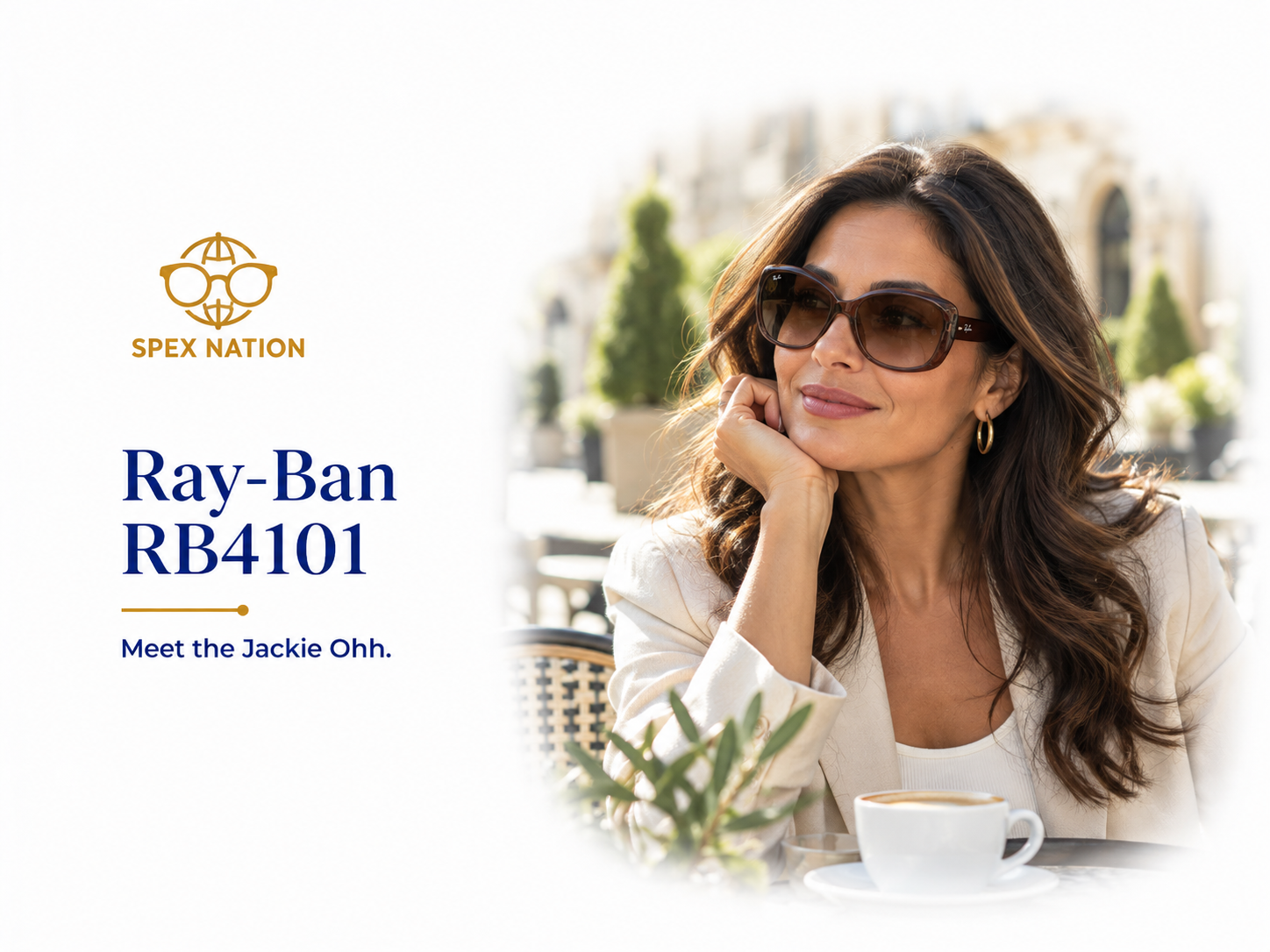 Woman wearing Ray-Ban RB4101 Jackie Ohh oversized sunglasses with brown gradient lenses.