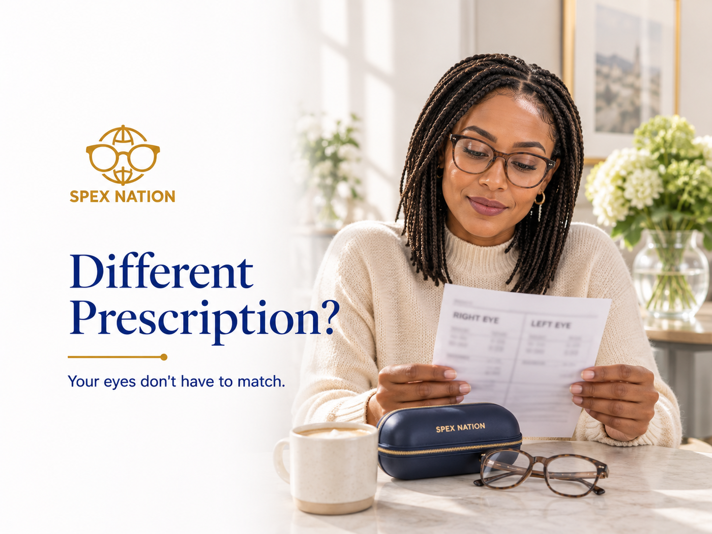 Woman looking at a spectacle prescription showing different prescriptions for the right and left eyes.