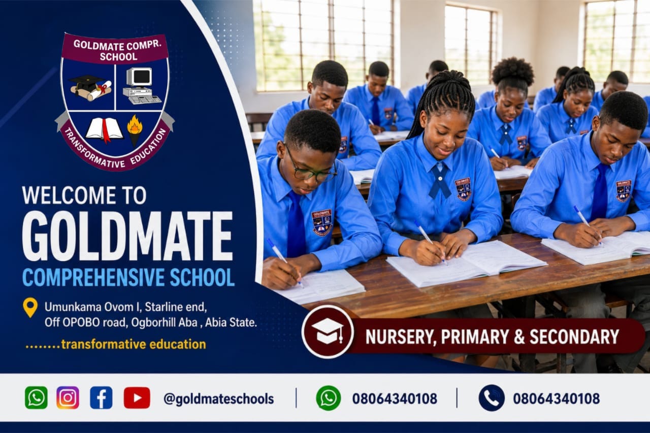 Goldmate Comprehensive School welcome poster, with students in class and the school address in Ogborhill, Aba