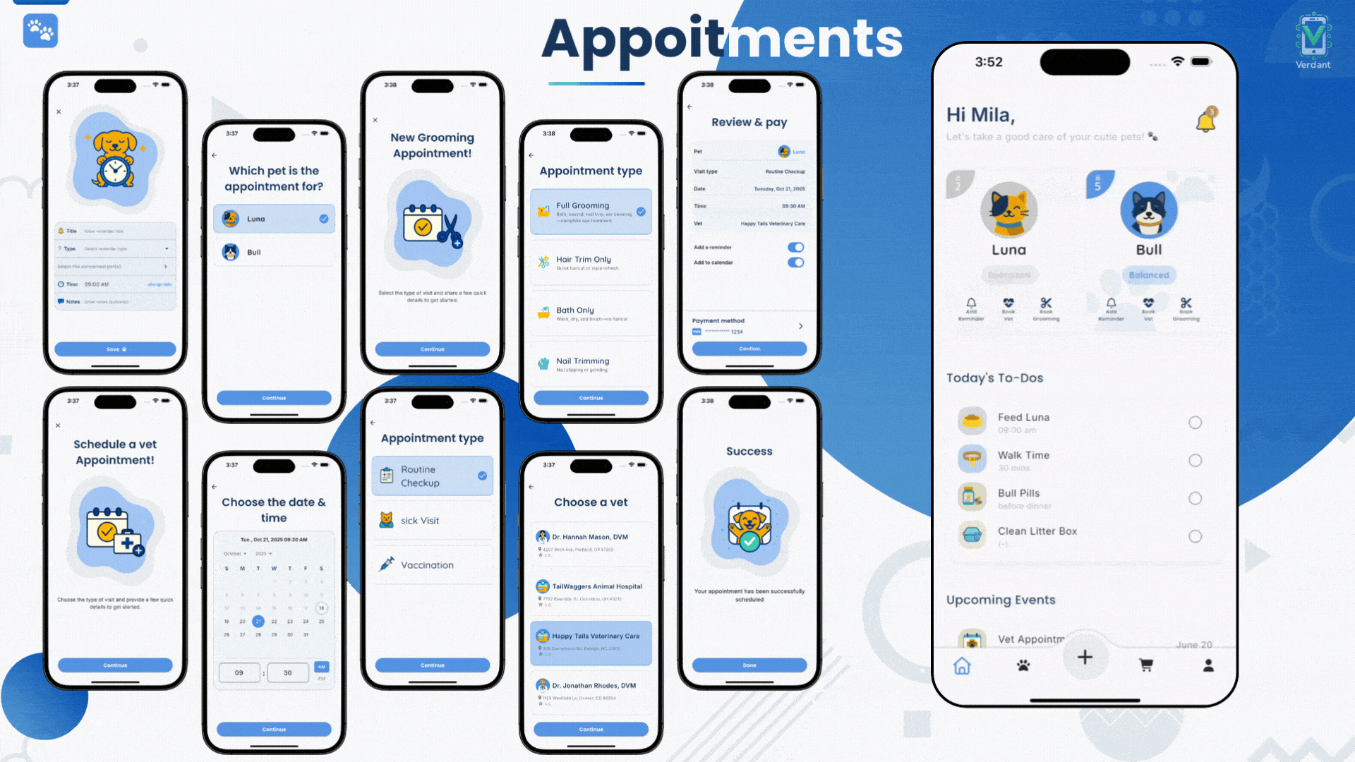 Peticare pet appointments section UI