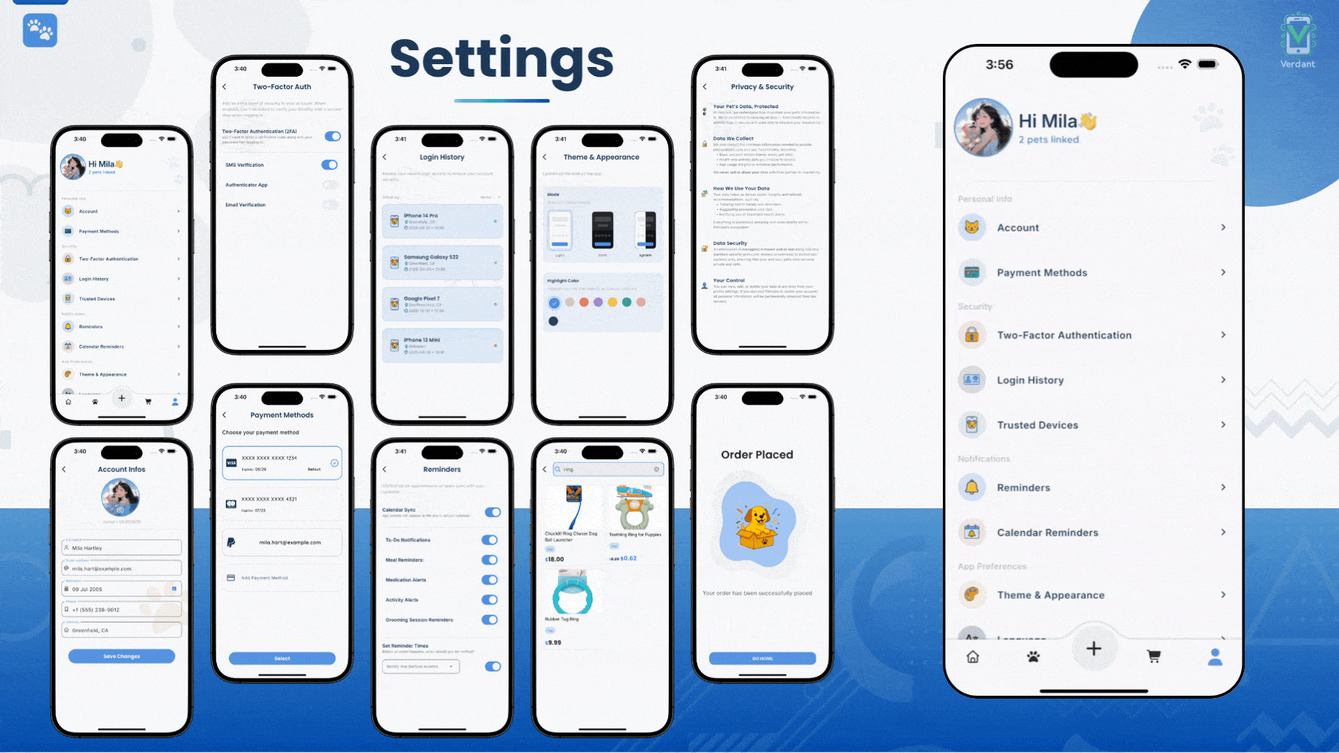 Peticare Settings screens preview