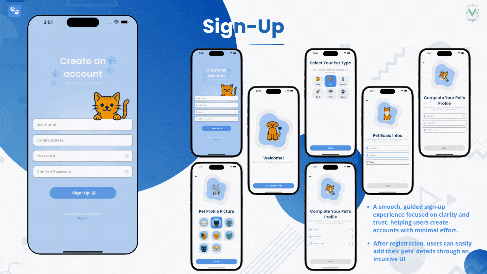 Peticare sign-up screens preview