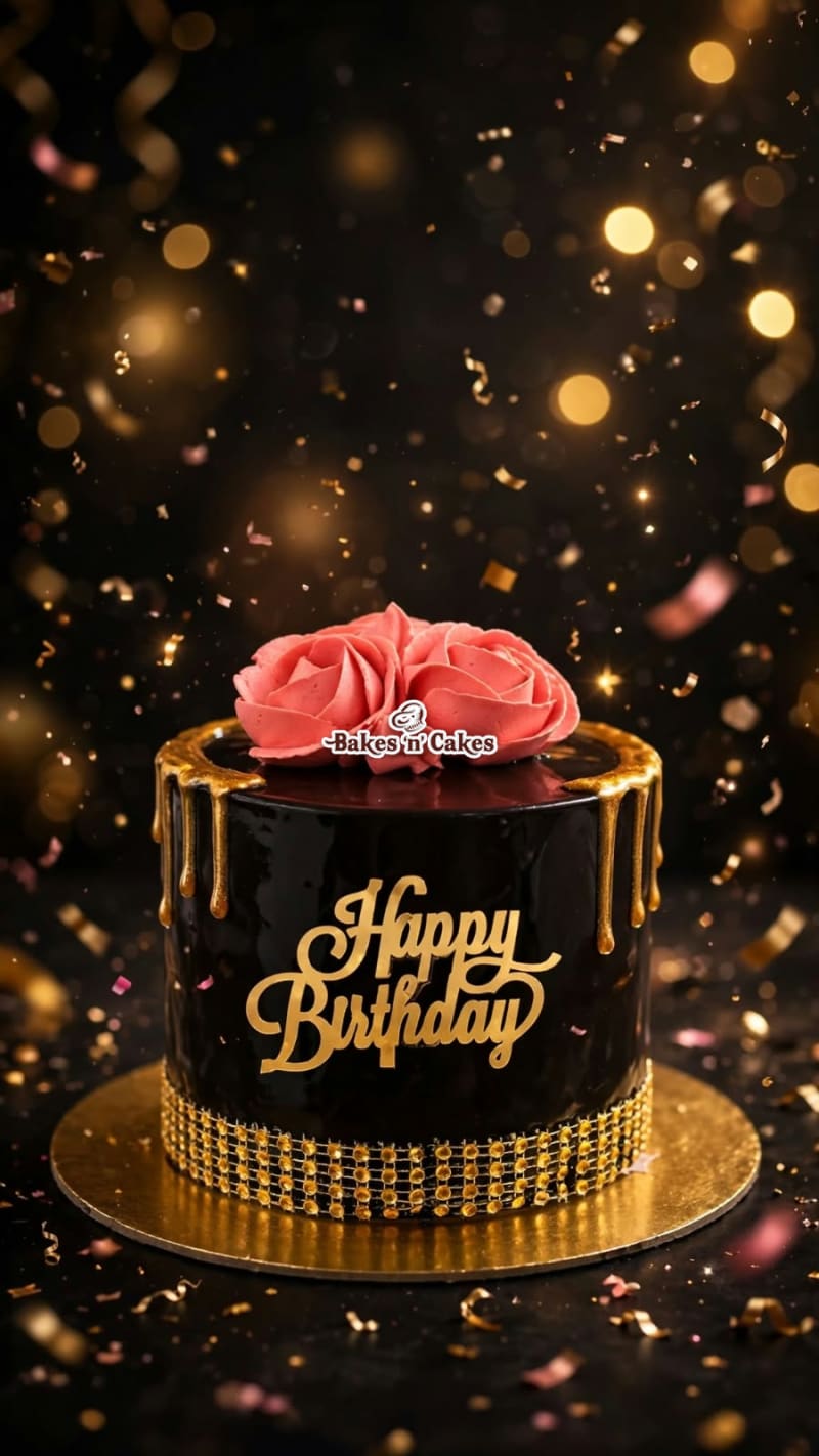 Black Glaze Rose Topper Gold Cake