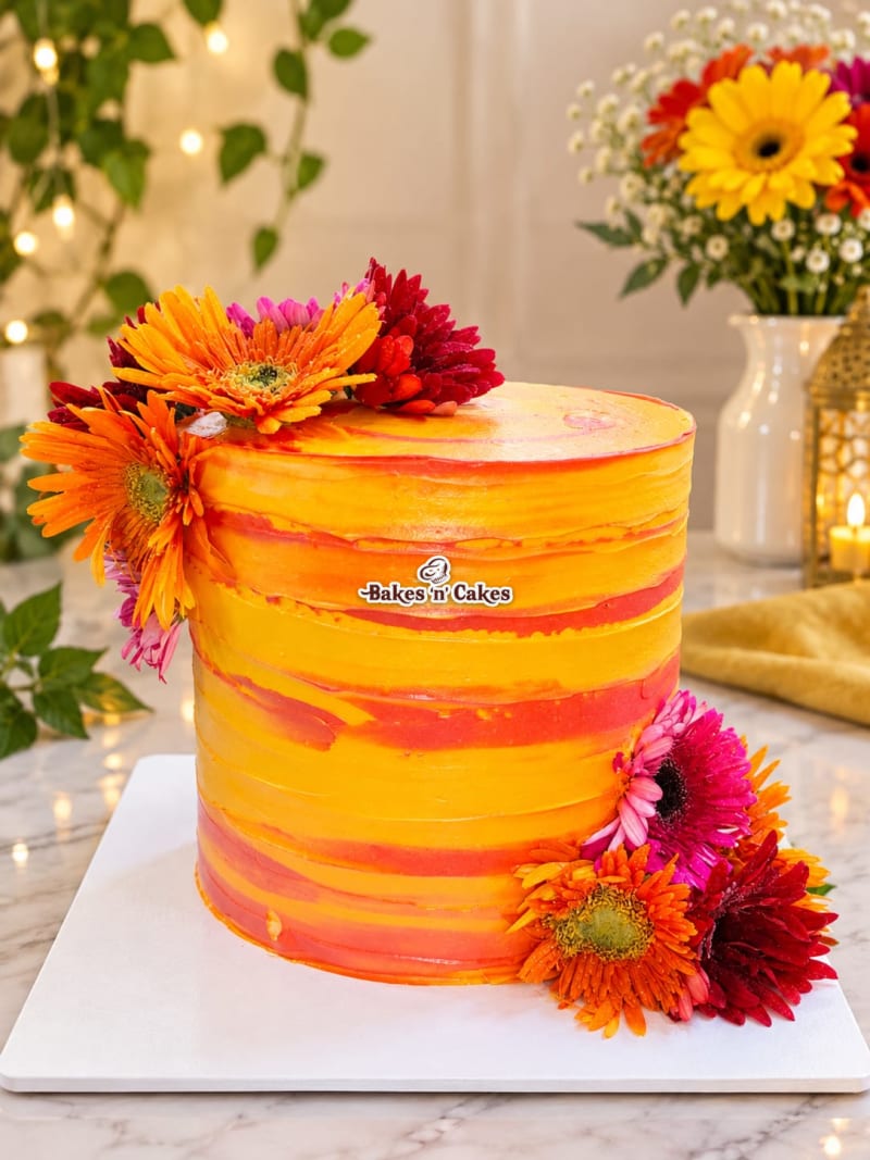 Orange Watercolour Gerbera Cake